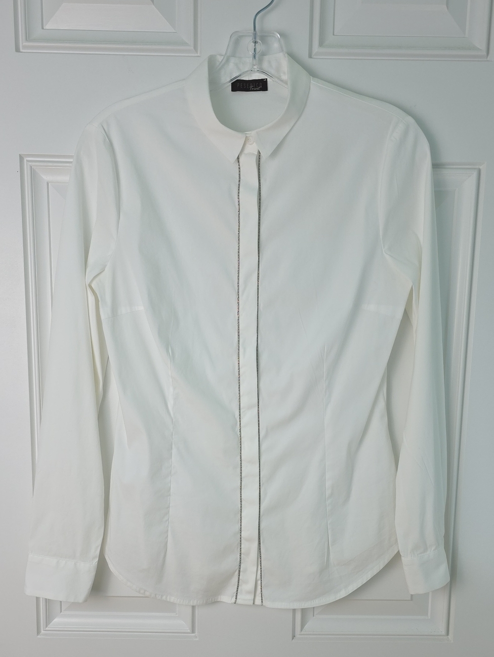 Peserico White Long-Sleeve Blouse with Silver Color Bead Trim. Size Small
